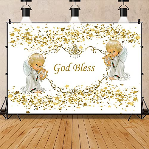Renaiss 7x5ft God Bless Backdrop Little Angel Golden Stars Photography Background Newborn Infant Birthday Baptism Party Decor Baby Shower Cake Table Banner Photo Props