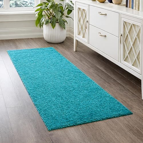 Teppich-Traum Moderner Shaggy Teppich Hochflor Uni Türkis 60x110 cm | Flauschig und weich, pflegeleicht, strapazierfähig, formstabil, saugrobotergeeignet, OEKO-TEX geprüft, Wohn- & Jugendzimmer