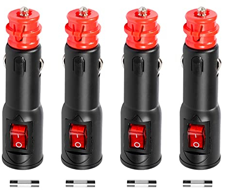 Hoembpn 4Pcs 12V/24V Car Cigarette Lighter Socket Universal Plug Replacement, Cigarette Lighter Male Plug Connector with Switch and 10A Fuse for Truck Ca Boat Motorcycle