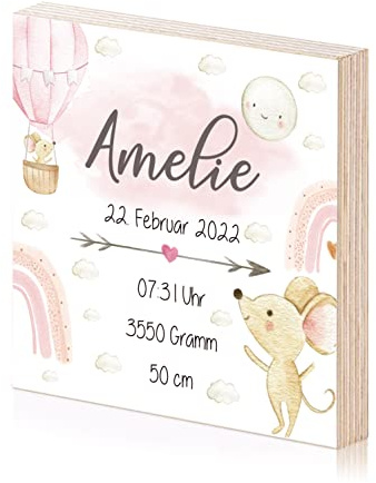 Holzbild personalisiert mit Namen und Geburtsdaten als Geschenk zur Geburt oder Taufe als Geburtsanzeige Geburtsbild Baby (MÄDCHEN, Maus)