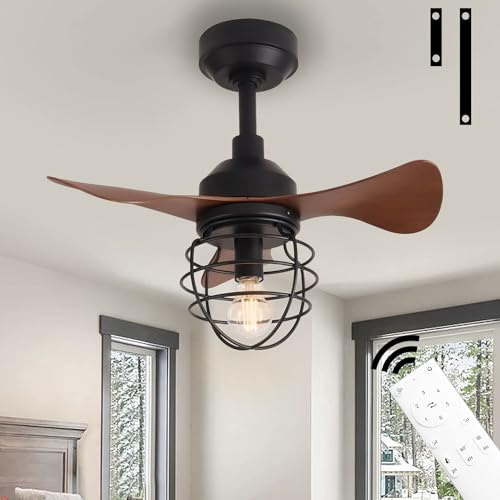 TRUYOK - Lámpara de techo con ventilador de techo silencioso ventilador E27 industrial retro ventilador de techo con mando a distancia, color negro metal hierro jaula ventilador de luminaria para