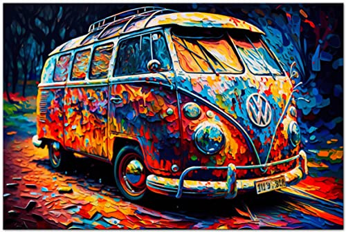 Printonia Bild auf Leinwand 120x80cm Volkswagen VW-Bus Bulli T1 Transporter Buli Oldtimer Abstrakt Grafik Art Automobil Bilder Deko Dekoration Wandbild Kunstdruck
