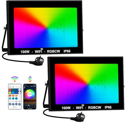 RGB LED Strahler Außen, T-SUNUS 100W RGB Strahler Outdoor WiFi mit Bluetooth APP Steuerung IP66 Wasserdicht, Smart LED Strahler Fluter für Party Bar Halloween Weihnachten Deko