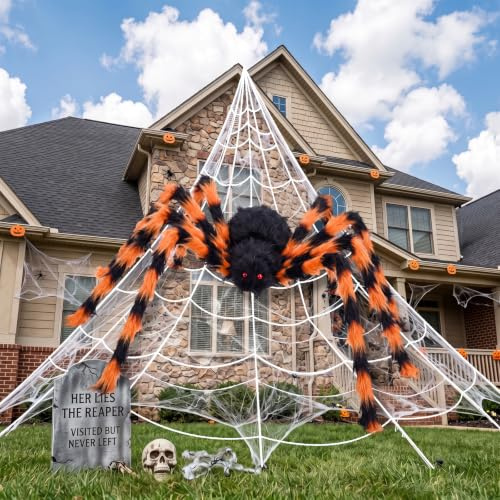 BOSONER Halloween-Dekorationen, 1 Stück 127,7 cm große Spinne + 508 cm dreieckiges Spinnennetz, mit Haken, Stretchnetz und Erdspießen, für drinnen und draußen, Halloween-Dekoration,