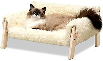 MEWOOFUN Cama elevada para Gatos de Madera, Resistente sofá Grande para Gatos, Moderno y con Funda de colchón extraíble, soporta hasta 10 kg (Beige, Medium)