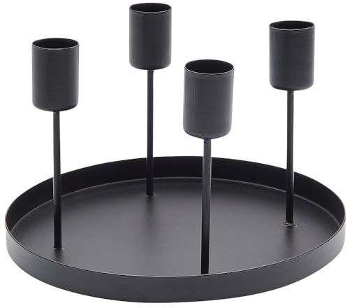 matches21 Schöner Kerzenhalter mit Dekotablett für Stabkerzen - Adventskranz aus Metall in schwarz - Dekoteller für Tischdeko Ø 18 cm