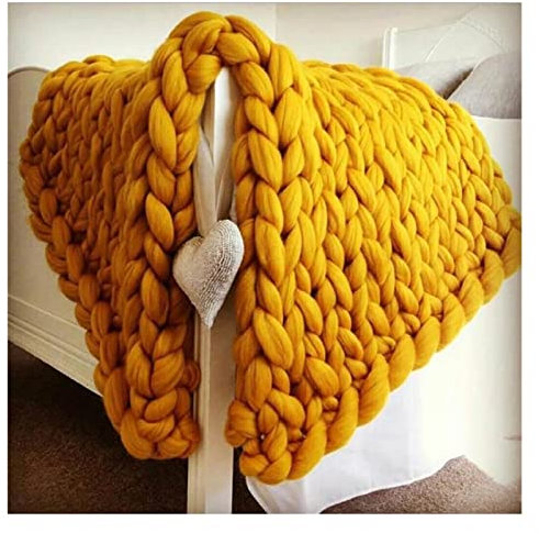 Modische klobige Wolldecke, dickes großes Garn, Strickdecke, Winter, warme Überwurfdecken, Sofa, Bettdecke (Farbe: Gelb, Größe: 100 x 100 cm)
