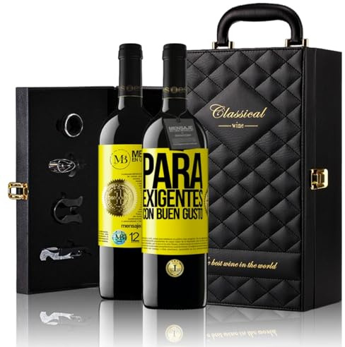 «Para exigentes con buen gusto» Mensaje en una Botella. Estuche-Maletín de LUJO 2x Vino Tinto Premium Reserva 12 Meses y Set de 4 Accesorios. Etiqueta Amarilla PERSONALIZABLE