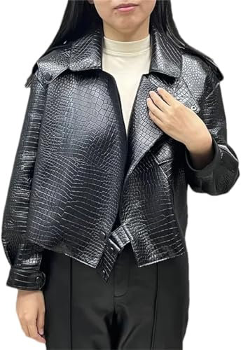Hdhdeueh Damen Gürtel Schaffell Leder Jacke Muster Leder Mantel Moto Biker, Schwarz , 46