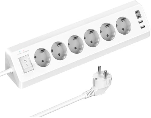 Presa angolare con 4 USB (2 Type-C), 6 prese multiple con interruttore, presa elettrica con protezione da sovratensione con cavo USB C e 2 m per cucina (bianco)