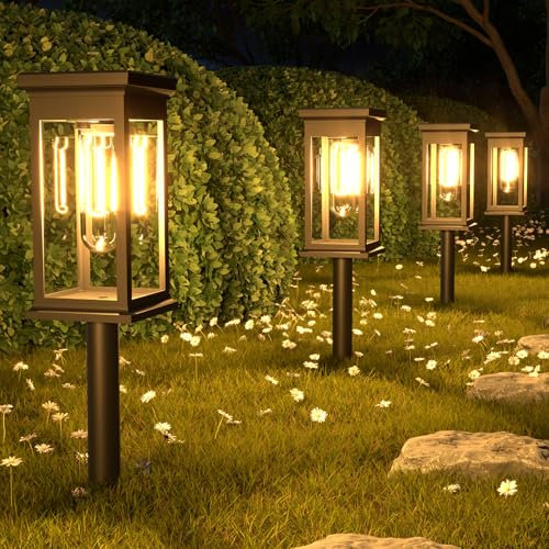 Joric Lot de 4 lampes solaires pour jardin - Étanche IP65 - Avec lumière en tungstène blanc chaud - Marche/arrêt automatique - Décoration de jardin pour pelouse, jardin, cour, cadeaux
