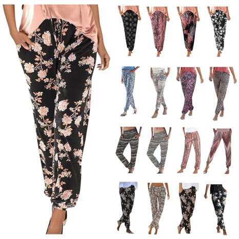 Summer Boho Women's Trousers - UK 2024 Beach Lounge Pants with Vintage Floral Print Linen Fabric, Elasticated Waist, Drawstring, Baggy Harem Hippie Style with Pockets