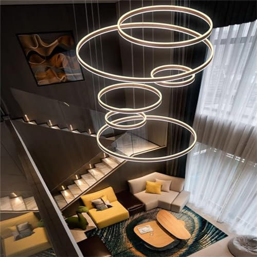 Moderne 5 Ringe Pendelleuchte LED Esstisch Hängeleuchte, Dimmbar Kronleuchter Mit Fernbedienung Treppe Licht Metall Acryl Höhenverstellbar Leuchter Wohnzimmer Küchen Esszimmer Kombination Hängelampe(B