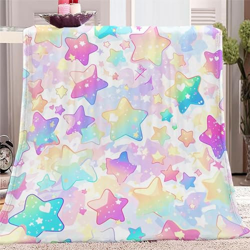 Cartoon-Sterne-Streifen Fleecedecke 150x200cm XXL Kuscheldecke Flauschig Weiche Flanell Decke als Sofadecke Tagesdecke, Rosa Geschenk Kuscheldecke für Mädchen Jungen
