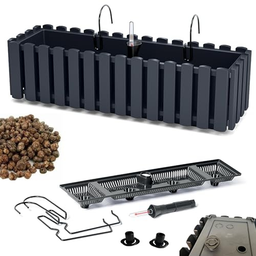 DIKEL Macetero Decorativo para Barandilla y Balcón - Caja de Plástico + Arcilla Expandida 1l - 180x580x165mm - Antracita