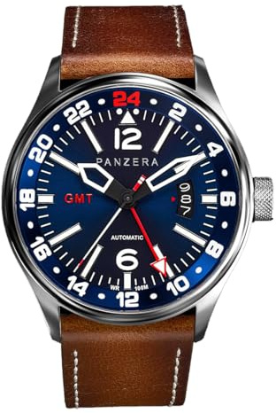 Panzera Flieger 45G Mechanische Automatikuhr Stahl Braun Blau Saphir Datum Herrenuhr, Schwarz , Armband