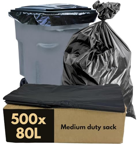 Clearly Rubble Sacks Medium Duty 500 Pack, 18 Micron Strong Black Bin Bags for Wheelie Bins, 80L Bin Liners Bin Bags for Compost, Rubbish and More, Large Recyclable Rubbish Bags