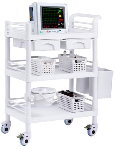 VEVOR Chariot de Laboratoire à 3 Niveaux Mobile avec 3 Plateaux et 4 Roues Silencieuses, Chariot de Soins en PP, 3 Poubelles, pour Labo, Clinique, Hôpital, Salon, Blanc
