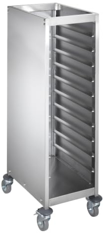 GastroHero Tablettwagen, geschlossen, 10 Tabletts, Edelstahl TWG10-35X45 | Tabletts 355x455 mm, 130 mm Abstand zwischen den Schienen, 4 Lenkräder Ø 100 mm, davon 2 Räder mit Bremse, 41x89x166 cm