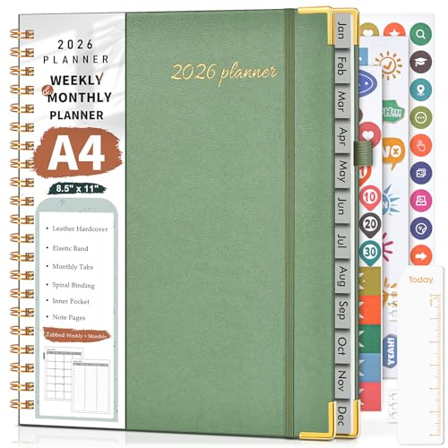 2026 Planner, Weekly and Monthly Calendar Planner from January 2026 - December 2026, 8.5 x 11 Hardcover Leather Hourly Appointment Book with Tabs, Spiral Daily Planners for School Work Home, Green
