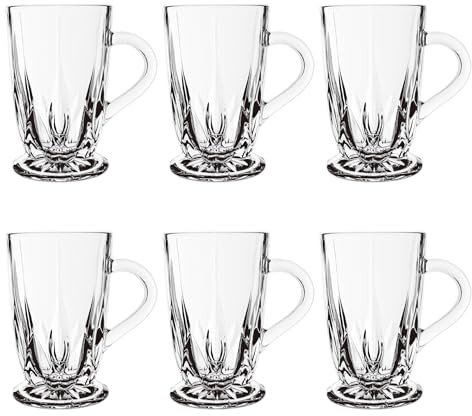 binsakao Tea Cups Set of 6 - Classic Clear Tea Cups - 285ml Footed Glass Tea Cup with Handles, Etched Design 9.6 oz