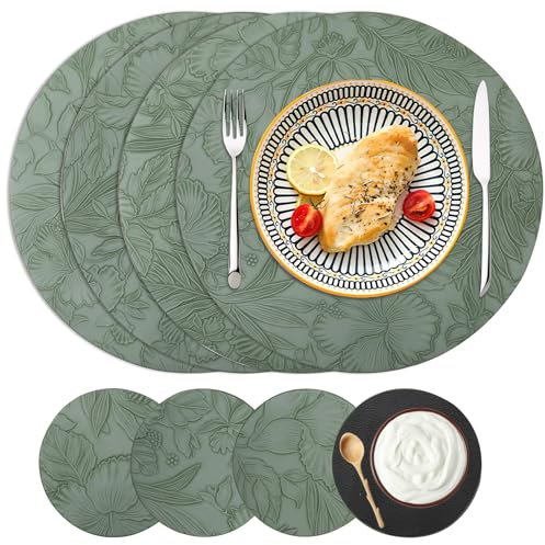 4PCS 27.5 X 27.5 cm und 4PCS 10 X 10 cm Platzsets Tischsets Rund, Tischsets Platzsets Abwaschbar Rund, Kunstleder Tischset Grün, Tisch Untersetzer-Set, Geeignet für Familienrestaurants und Partys