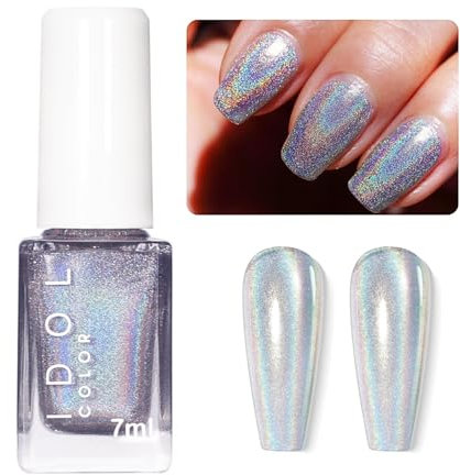 Holographic Nail Polish - Silver Nail Polish Glitter - Nail Varnish Quick Dry - Super Shine Laser Iridescent nail polish No Need Curing