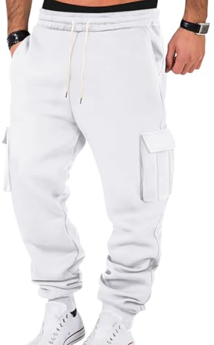 WINKEEY Mens Trousers Elastic Waist Drawstring Multiple Pockets Sweat Pants Men Loose Plain Stretch Casual Trousers Joggers for Men UK,White L