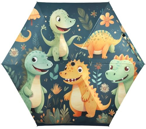 KAAVIYO Süßer Cartoon-Dinosaurier Regenschirm UV-Schutz Taschenschirm Umbrella Klein Leicht Schirm Kompakt Schirme für Mädchen Reise Strand Frauen