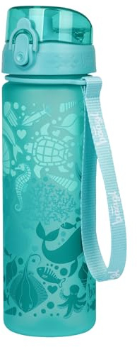 Baagl Kinder Trinkflasche Auslaufsicher Wasserflasche 500ml, Schule und Sport Fussball Flasche für Jungen Mädchen Tritan Lässig Getränkeflasche Schultrinkflasche (Delfin)