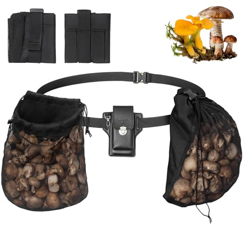 ProtectHobby Mushroom Foraging Bag Kit with Adjustable Waistband - 2 Folding Mesh Bags & Leather Tool Pouch, Suitable for Collecting Mushroom and Berry Pickers