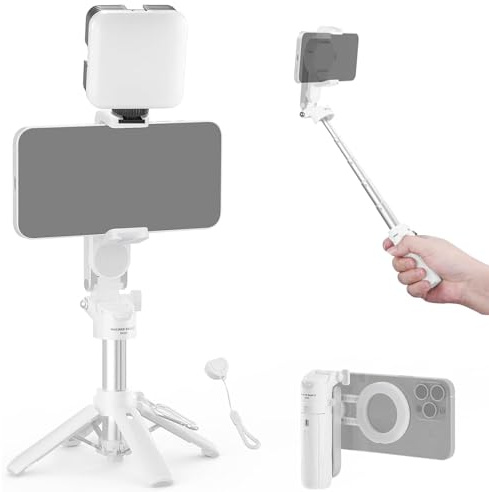 NEEWER BASICS Magnetic Selfie Stick Tripod Compatible with Magsafe iPhone Samsung Android, Portable Extendable Desk Stand with Cell Phone Grip Holder Detachable Remote for Video Recording, PA985 White