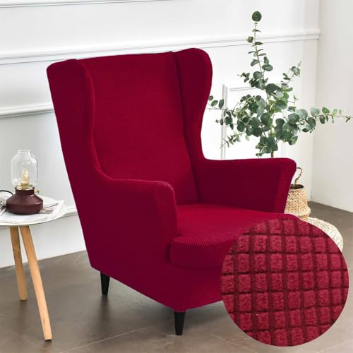 Highdi Wingback Chair Covers 2 Piece Stretch Wing Chair Slipcover, Jacquard Solid color Thicken Strandmon Sofa Cover Furniture Protector for Armchair Chairs Living Room Bedroom Hotel (Red)