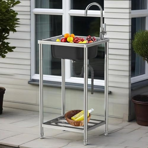 Lavabo Commercial De Cuisine 1 Bac Évier Sur Pieds En Acier Inox Évier Extérieur Jardin Autoportant Lavabo Buanderie Garage Utilitaire Mobile avec Robinet Facile à Assembler