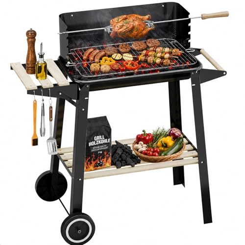HOMELUX träkolgrill, 84 x 39 x 97 cm grillvagn stående grill, grillgaller med hjul och trähylla, perfekt för picknick, trädgård camping