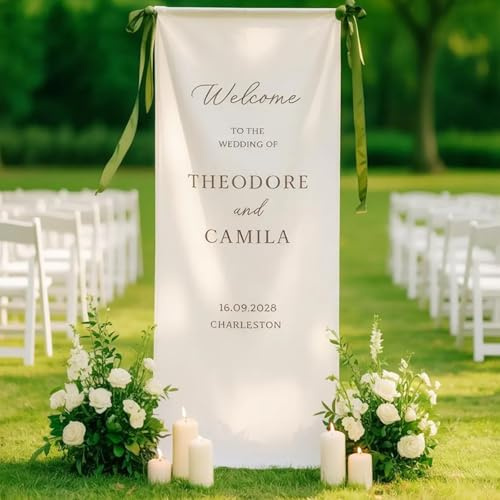 Bannière de mariage personnalisée en lin | Panneau de bienvenue en tissu personnalisé pour cérémonie et réception | Décoration de mariage moderne et rustique bohème (60 x 160 cm)