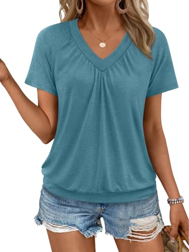 AUTOMET Womens Tops Short Sleeve V Neck T Shirts 2026 Spring Summer Beach Vacation Clothes Casual Loose Ruched Top Turquoise S