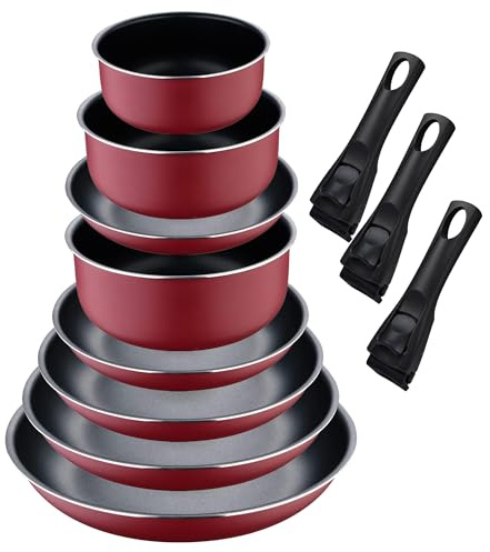 Set de 5 Sartenes Ø18Ø20Ø22Ø24Ø26cm con 2 Mangos extraíbles + 3 Cazos Ø16Ø18Ø20cm con Mango extraible -Aluminio prensado color Rojo Click&Cook Bergner