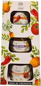 Trio of Chutneys Selection 3x Jars Hot & Spicy Tomato Chunky Onion Mixed Fruit Vegetable Preserves Ideal for Cheese Boards Snacks Cooking Gifting