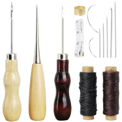 Agujas de Coser con Hilo, Kit de Costura para Cuero, 2 Rollos de Hilo Encerado para Guarnicionería con Punzón y Dedal, para Artesanía en Cuero, Reparaciones