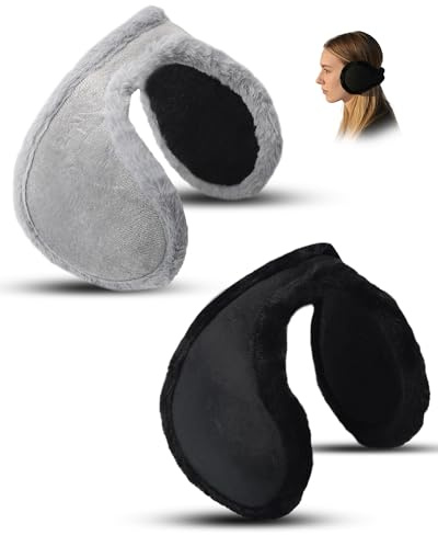 OulQinyhome 2 stycken öronvärmare för män och kvinnor – justerbara vinteröronmuffar av fleece – öronvärmare unisex för utomhusaktiviteter (svart, grå)