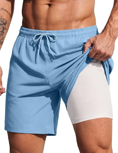COOFANDY Men's 2 in 1 Swimming Trunks Quick Dry Swim Vacation Shorts 7 Inch Swimsuit Beach Shorts with Pockets Light Blue