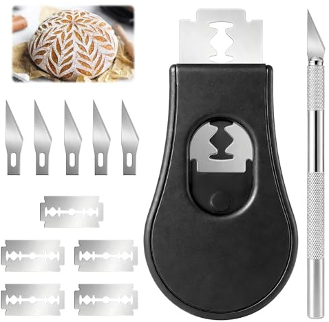 Henjunu 2Pcs Lame Boulanger avec 10 Lames de Rasoir Acier Inoxydable, Extractible et Magnétique Outil à Pain, Couteau Coupe-Pâte Outil pour Grigner Scarifier Pain Accessoire de Boulangerie