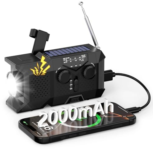 Notfall-Solarradio, Tragbares Kurbelradio mit 3-Wege-Laden, AM/FM/SW Weltempfänger, LED Taschenlampe, SOS-Alarm, 2000mAh Powerbank, USB Aufladung für Outdoor, Camping, Stromausfall(Schwarz)