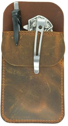 Leather EDC Pocket Slip, Army Knife Sleeve & Pen Holder for Everyday Carry, Camping Accessories Small Tool Everyday Carry Organizers (Brown2)