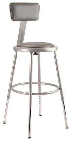 National Public Seating 6400 Series Heavy Duty 18 Inch Adjustable Height Steel Stool with Round Seat and Backrest, Grey Frame and Legs