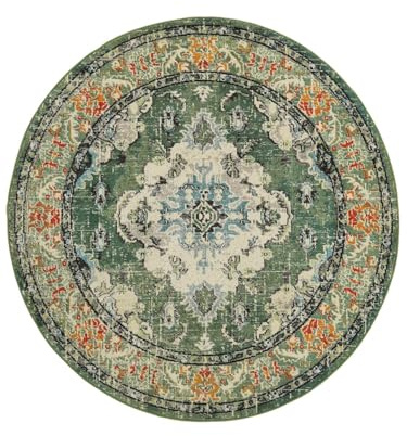 RugVista Leia Alfombra, Ø 200 cm, Verde | Vintage, Redondo, Pelo medio, Limpieza en seco, Oeko-Tex 100, Sala de estar, Comedor, Dormitorio, Cocina