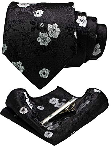 JEMYGINS Set Cravate Homme Motif Floral avec Pochette et Pince a Cravate pour Mariage Business et Ceremonie Noir/Blanc