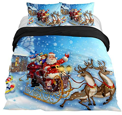 Eslifey Bettwäsche-Set Weihnachtsmann Schlitten mit Rentier, weich, 150 x 200 cm, 3-teilig, Mehrfarbig, Queen 88 x 90 9 x 29 in