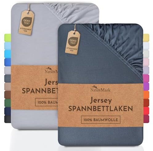 NatureMark 2er Pack Jersey Spannbettlaken, Spannbetttuch 100% Baumwolle in vielen Größen und Farben MARKENQUALITÄT ÖKOTEX Standard 100 | 120x200 cm - Anthrazit/Silber